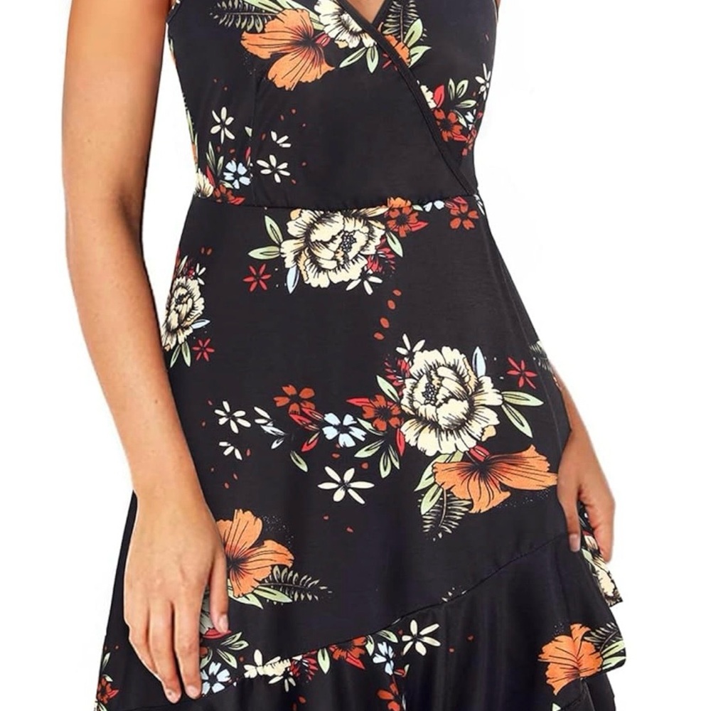 Floral Black Wrap-Style Women’s Dress